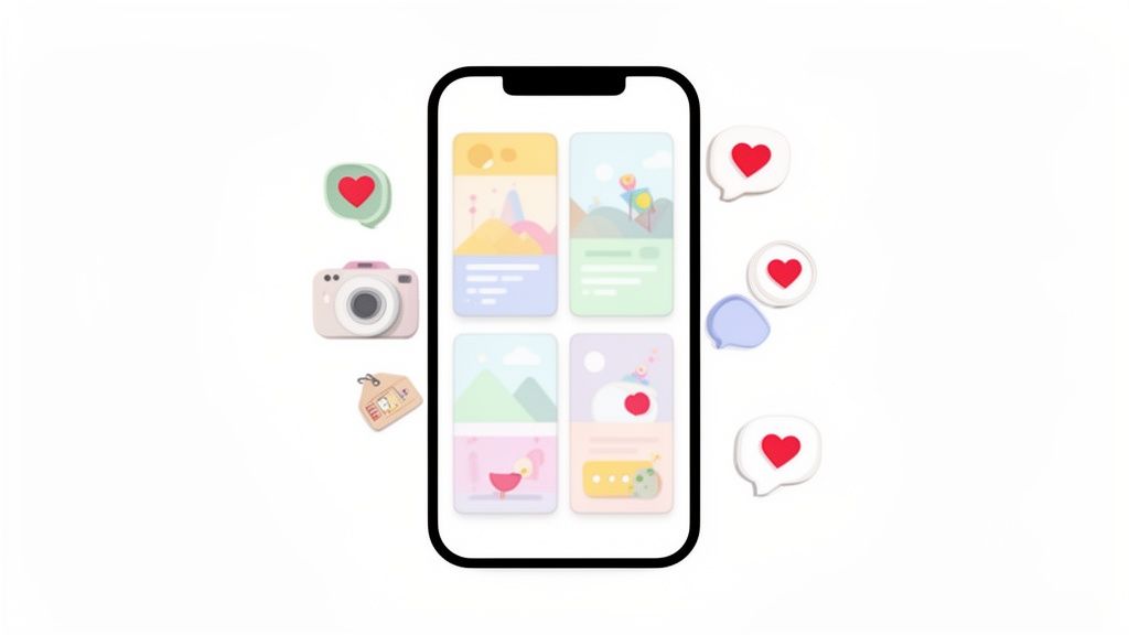 Een smartphone toont een app met contentkaarten, omringd door icoontjes zoals een camera, hartjes en chatbubbels.