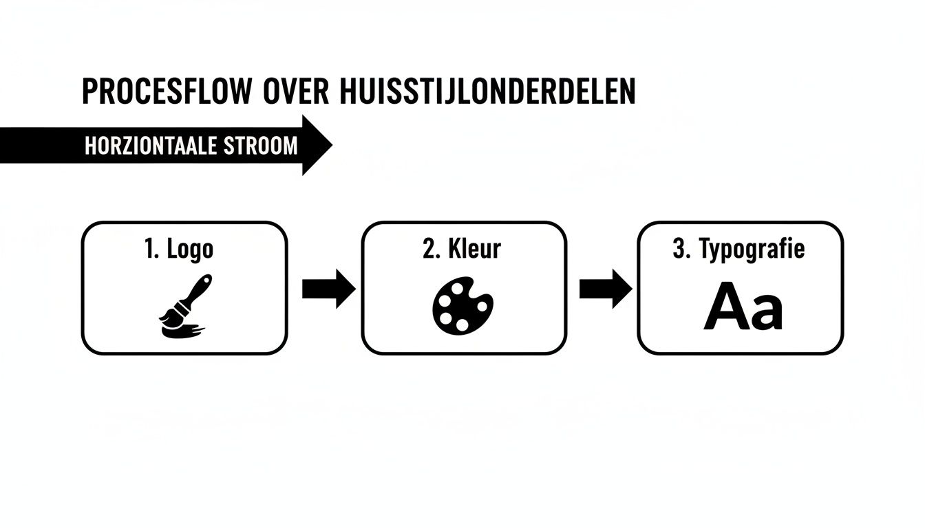 Een procesflow diagram dat de horizontale stroom van huisstijlonderdelen illustreert: logo, kleur en typografie.