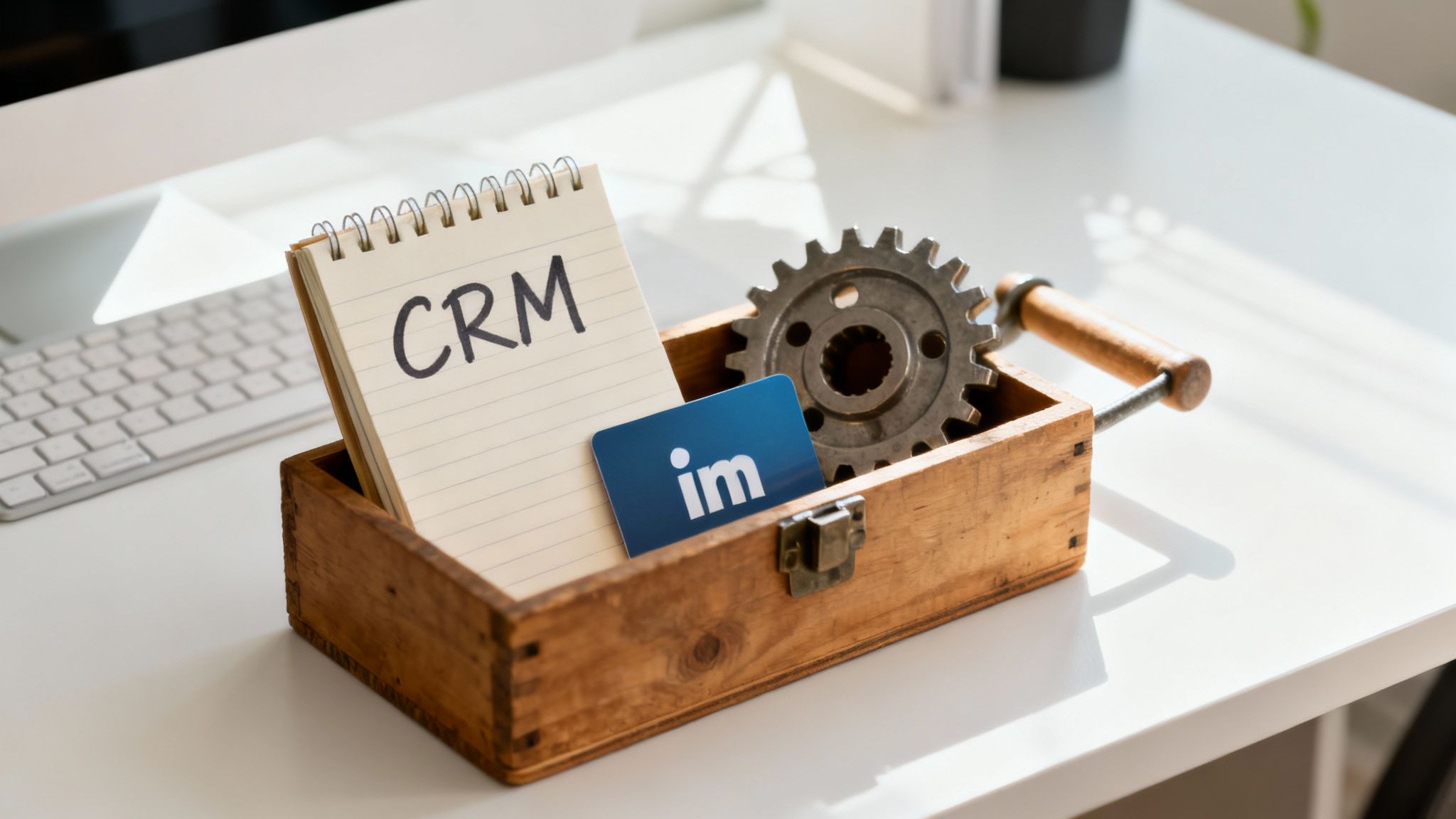 Een gereedschapskist gevuld met digitale marketing iconen zoals LinkedIn en email.