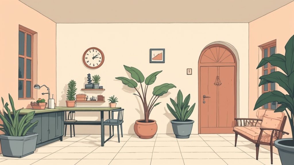 Gezellige entreehal met planten, houten deur, vintage meubilair en warme kleuren in mediterrane stijl