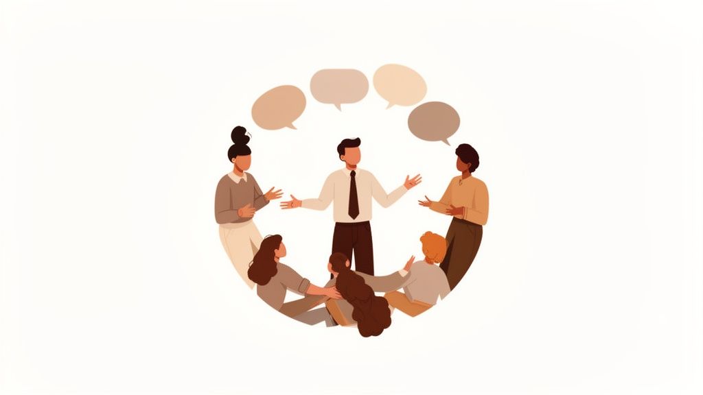 Illustratie van een diverse groep mensen in een cirkel die met elkaar communiceren, met spraakballonnen erboven.