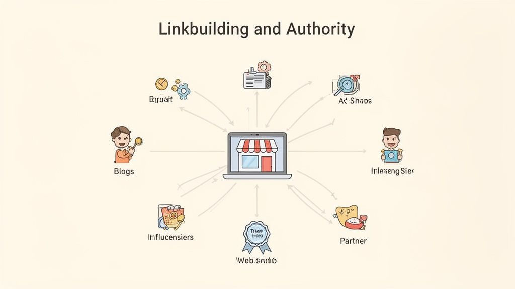 Diagram dat verschillende bronnen toont, zoals blogs en partners, die bijdragen aan de linkbuilding en autoriteit van een webshop.