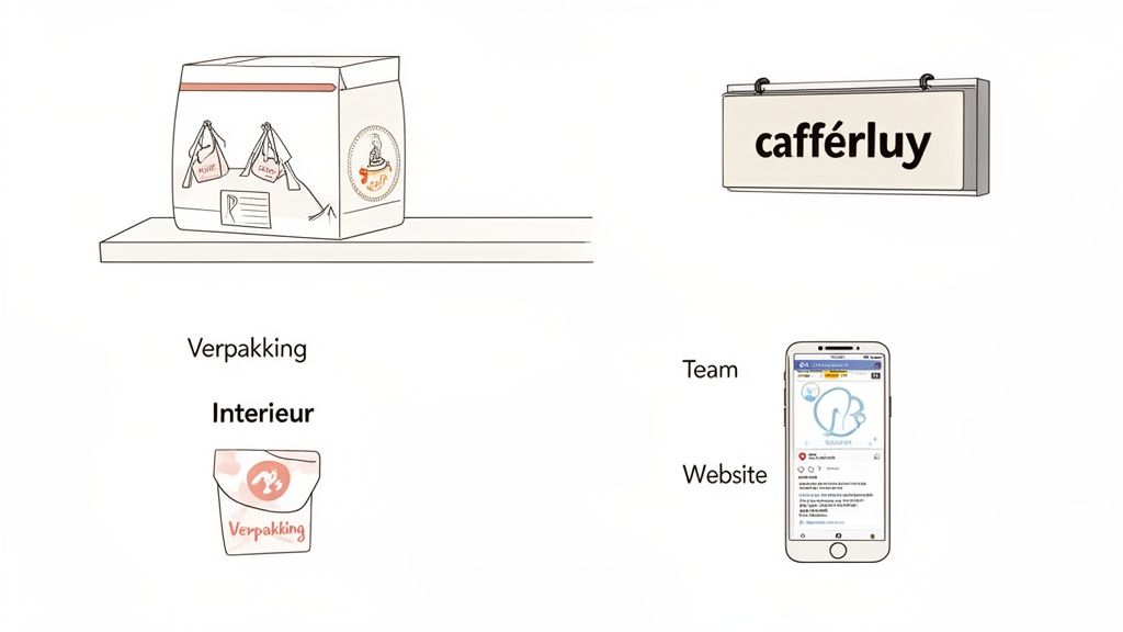 Illustraties van diverse brandingelementen: verpakking, interieur, een bedrijfsnaam en een mobiele website.