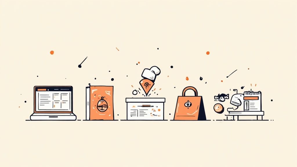 Overzicht van een digitaal bestel- en bezorgproces voor horecabedrijven, inclusief website en producten.