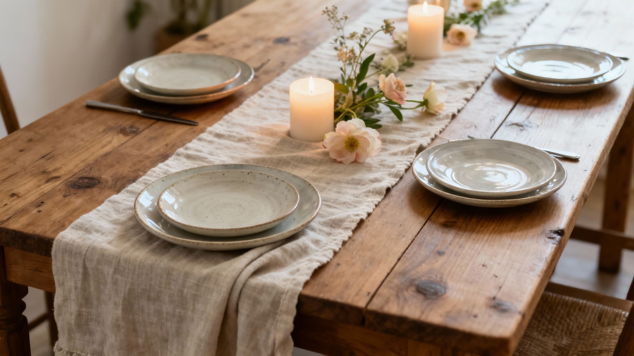Prachtig gedekt servies op een lange tafel, klaar voor een evenement.