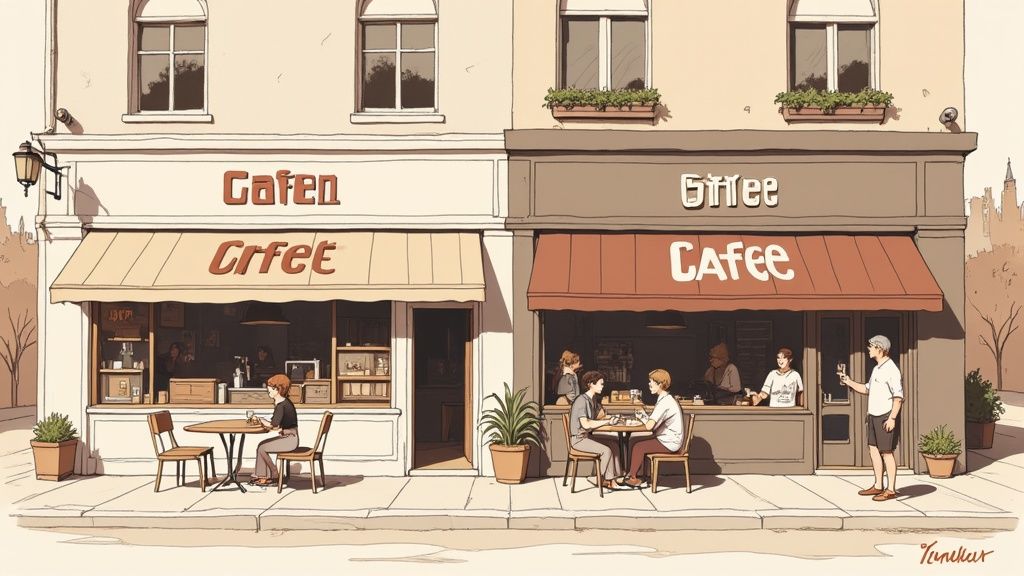 Twee illustratieve koffiezaken naast elkaar met mensen die buiten zitten op een zonnige dag.