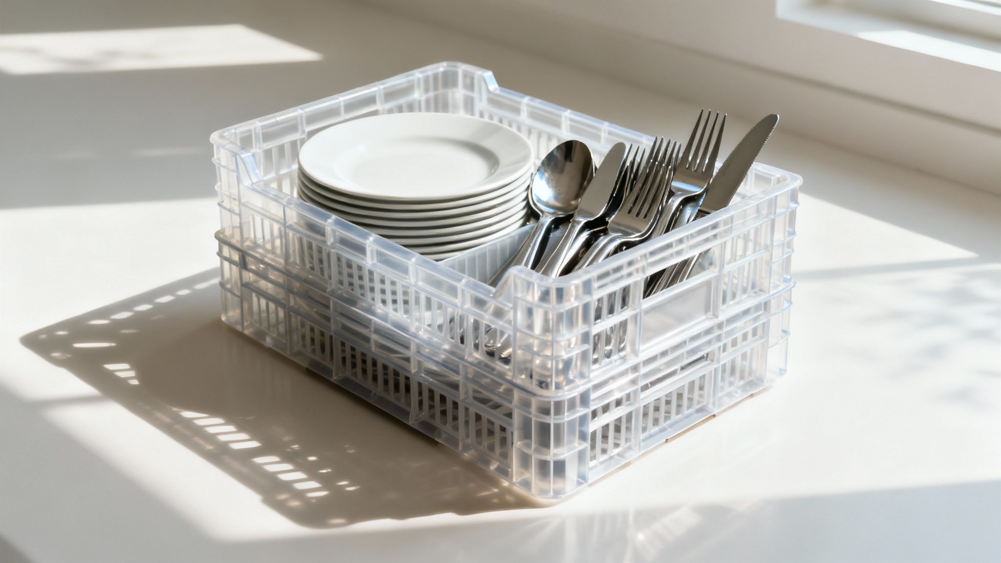 Schoon en ingepakt servies, klaar voor transport.