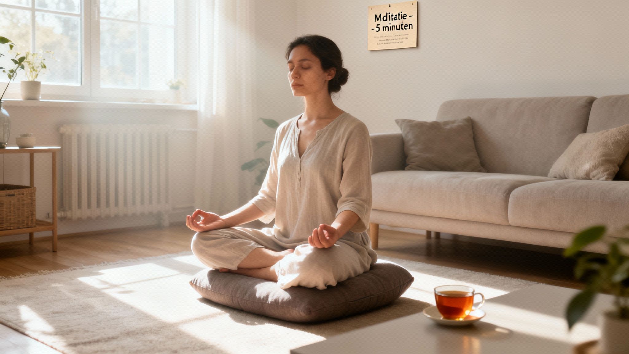 Vrouw mediteert in lotushouding op een kussen in een lichte woonkamer, met thee en een meditatiekaart.