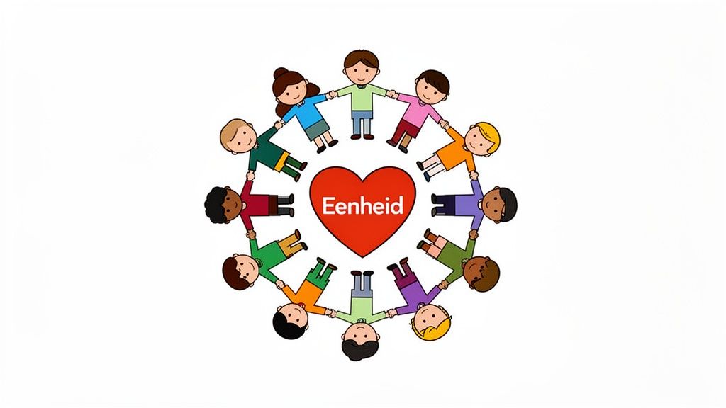 Diverse kinderen, hand in hand in een cirkel, omringen een rood hart met het woord 'Eenheid'.