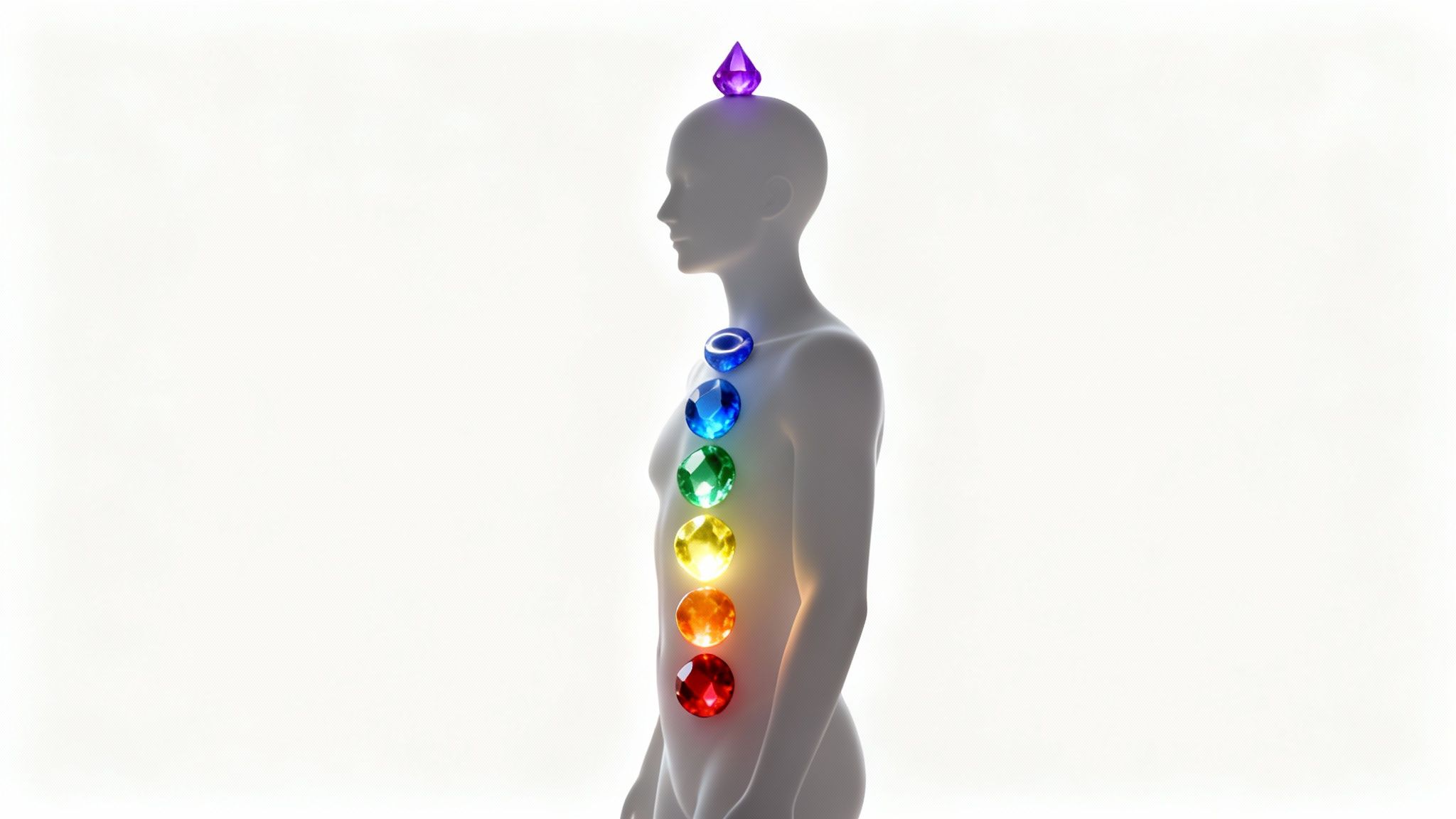 Een illustratie van de zeven chakra's uitgelijnd op een silhouet, met bijbehorende edelstenen