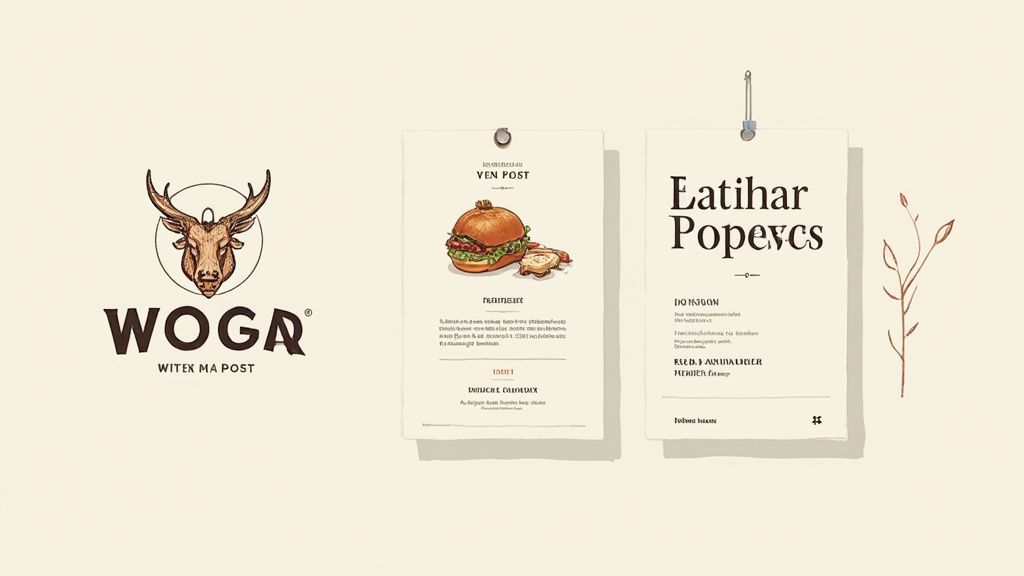 Restaurant branding concept met hertenlogo, twee menukaarten (één met een burger), en een decoratieve tak op een lichte achtergrond.