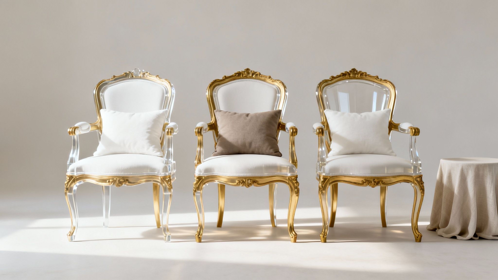 Drie elegante Napoleon stoelen met gouden details, witte en bruine kussens en een bijzettafeltje.