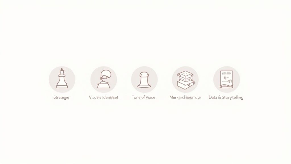 Vijf iconen over branding en marketing: Strategie, Visuele Identiteit, Tone of Voice, Merkarchief, Data & Storytelling.