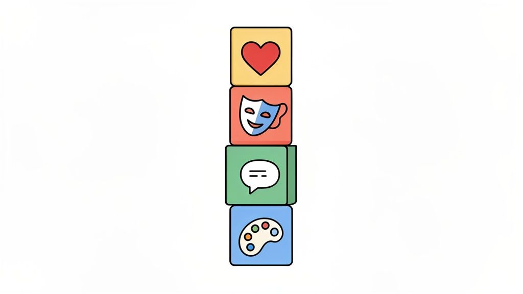 Een stapel van vier gekleurde blokken met pictogrammen: een hart, een theatermasker, een spraakballon en een palet.