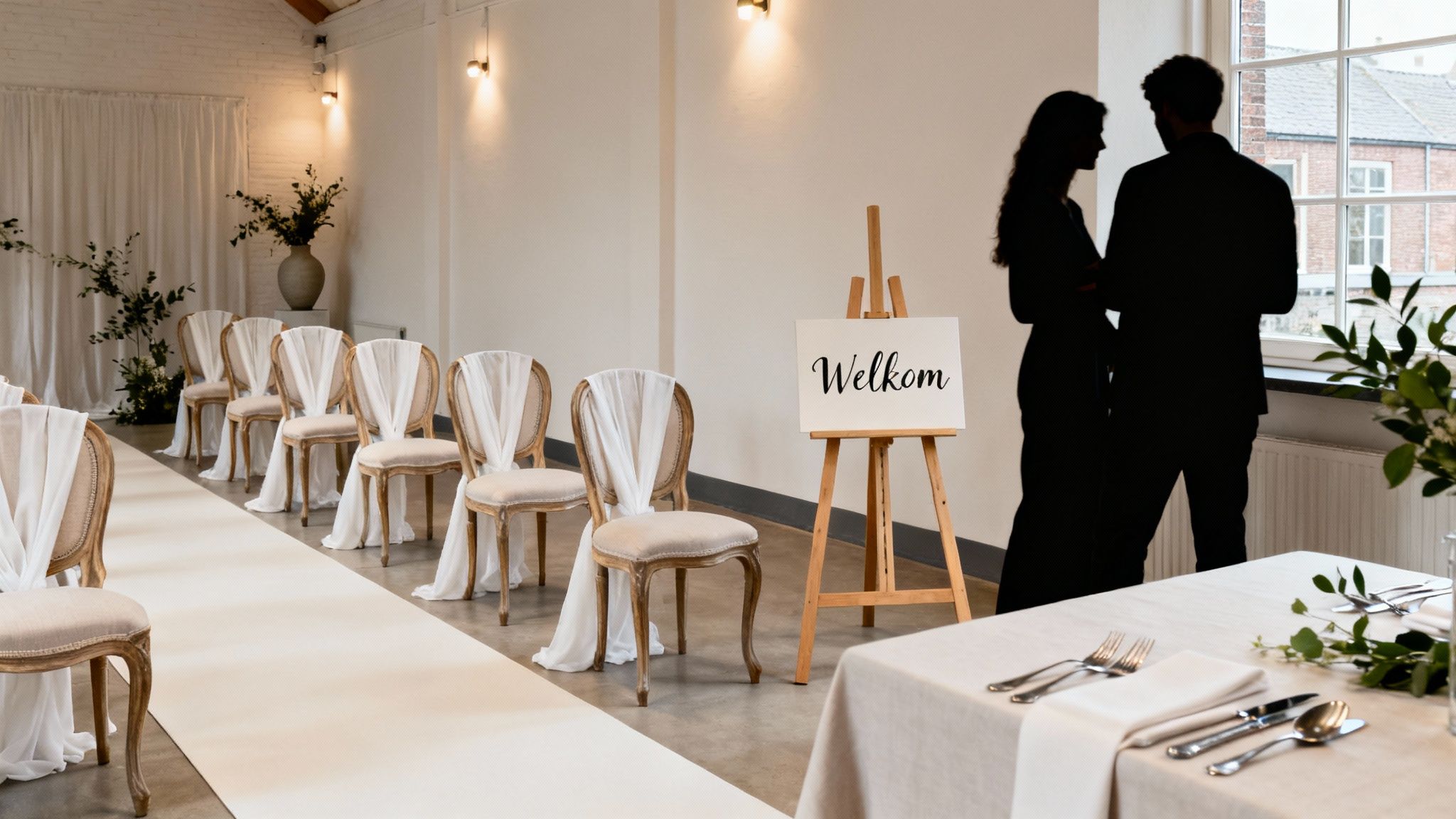 Een trouwzaal met rijen stoelen, een 'Welkom' bord en een bruidspaar in silhouet, klaar voor de ceremonie.