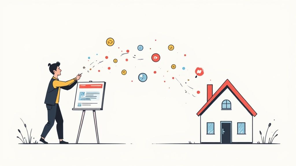 Man gebruikt een scherm om online content naar een huis te sturen, voor vastgoedmarketing.