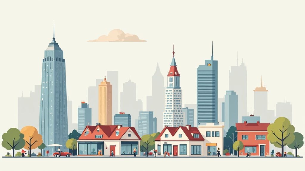 Moderne stadshorizon met wolkenkrabbers en huizen die groei en merkidentiteit symboliseren