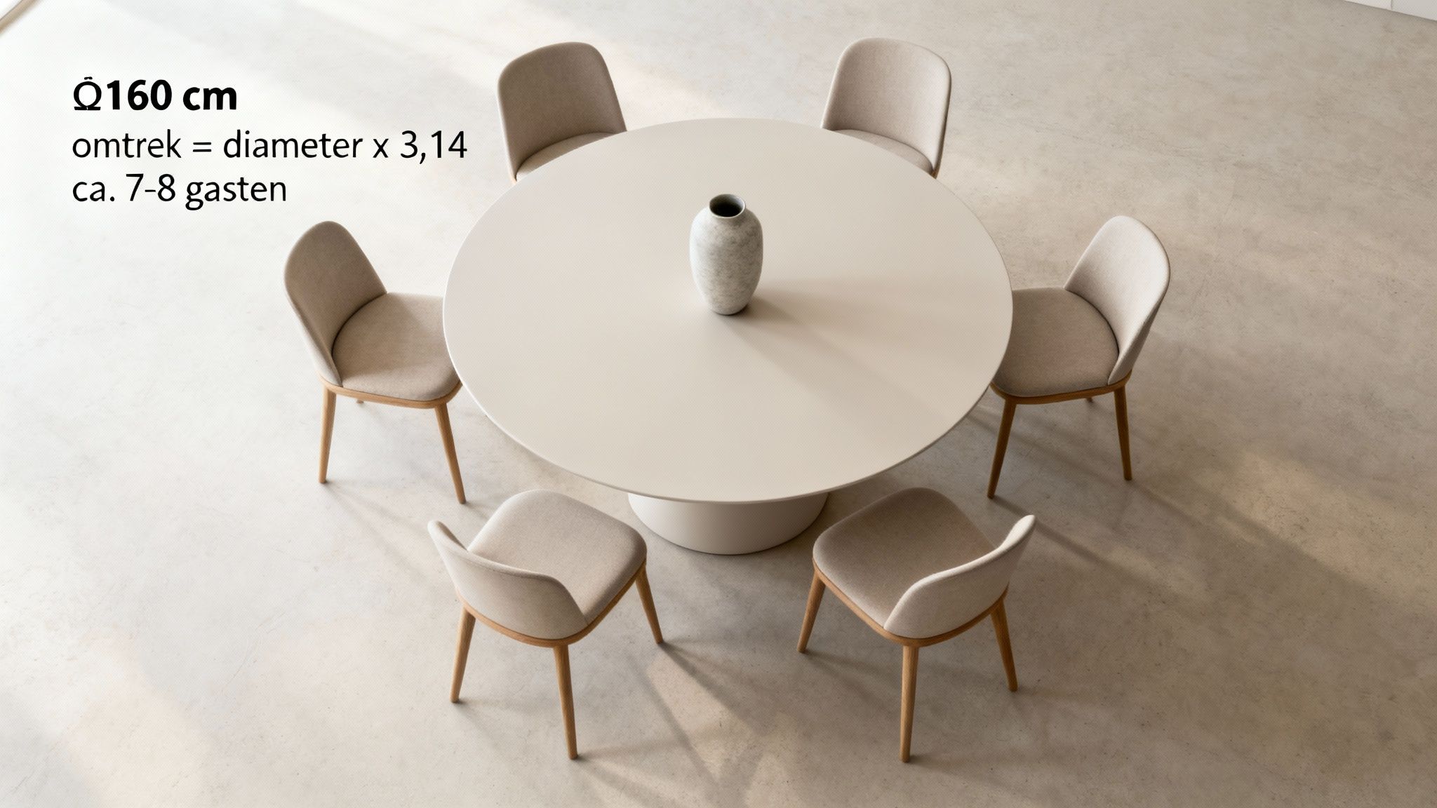 Ronde eettafel van 160 cm diameter met zes stoelen, geschikt voor 7-8 personen, op een lichte vloer.