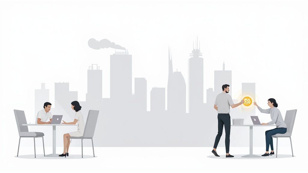 Twee paar mensen werken en handelen in cryptocurrency voor een skyline van de stad.