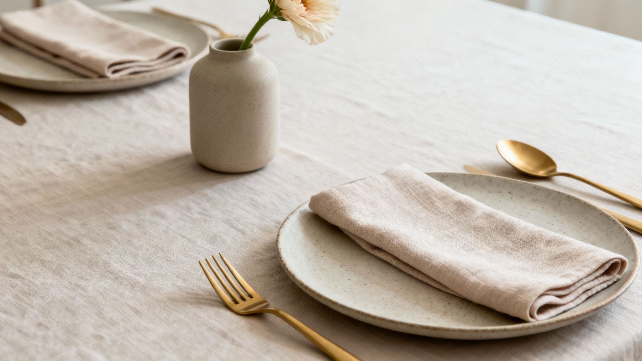 Een elegant gedekte tafel met crèmekleurige borden, linnen servetten, gouden bestek en een vaas met een bloem.