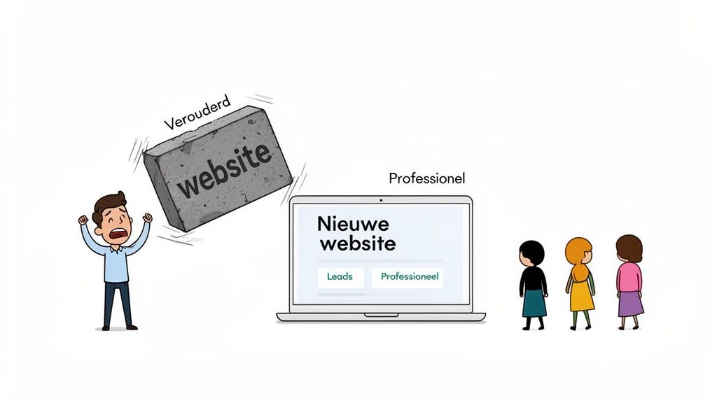 Man schrikt van een verouderde website, terwijl mensen een nieuwe, professionele website op een laptop bekijken.