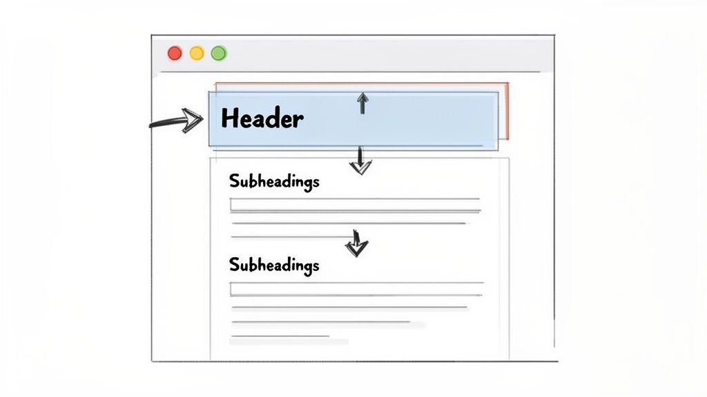 Wireframe van een webpagina met een koptekst en subkopjes die de structuur en hiërarchie van content tonen.
