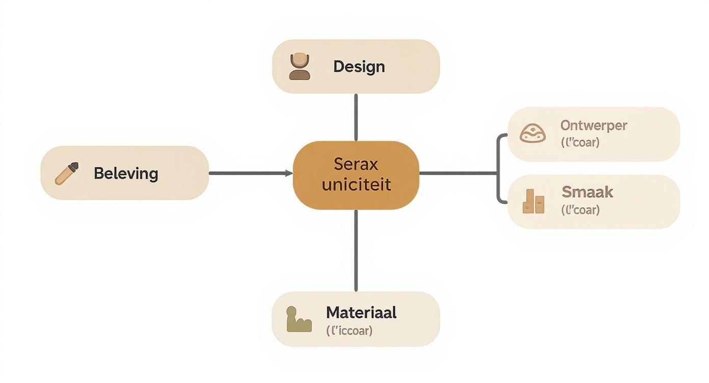 Diagram toont Serax uniciteit met verbindingen naar Design, Beleving, Materiaal, Ontwerper en Smaak elementen