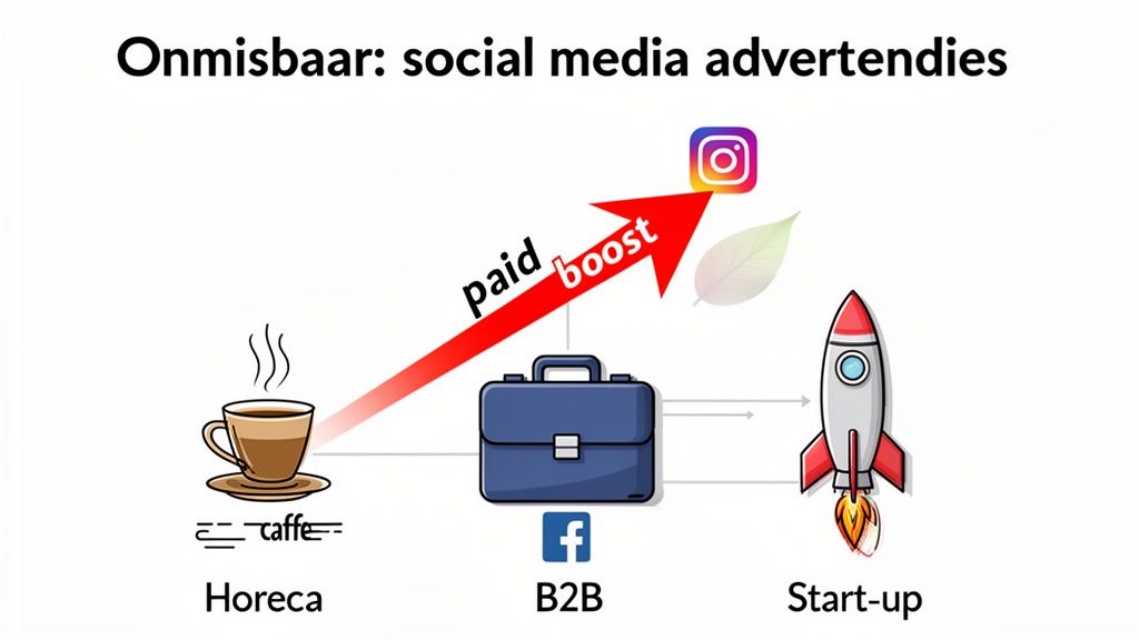 Illustratie van verschillende bedrijfssectoren (horeca, B2B, start-up) die via een betaalde boost op Instagram groeien.