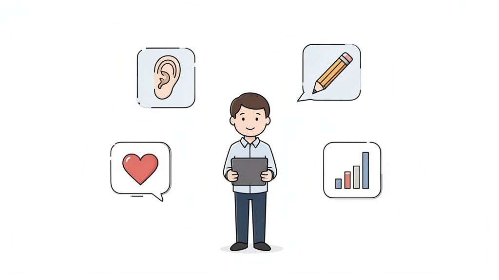 Illustratie van een man met tablet omringd door symbolen voor luisteren, creëren, betrokkenheid en analyse van sociale media.