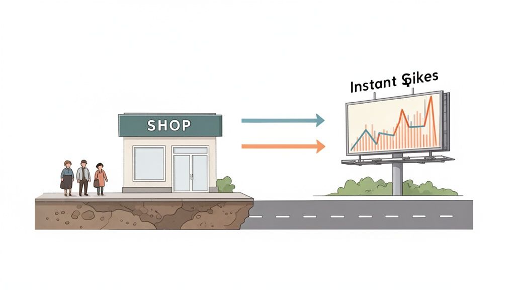 Een winkel met klanten voor de deur en een reclamebord dat 'Instant Spikes' toont met grafieken en verbindingspijlen.