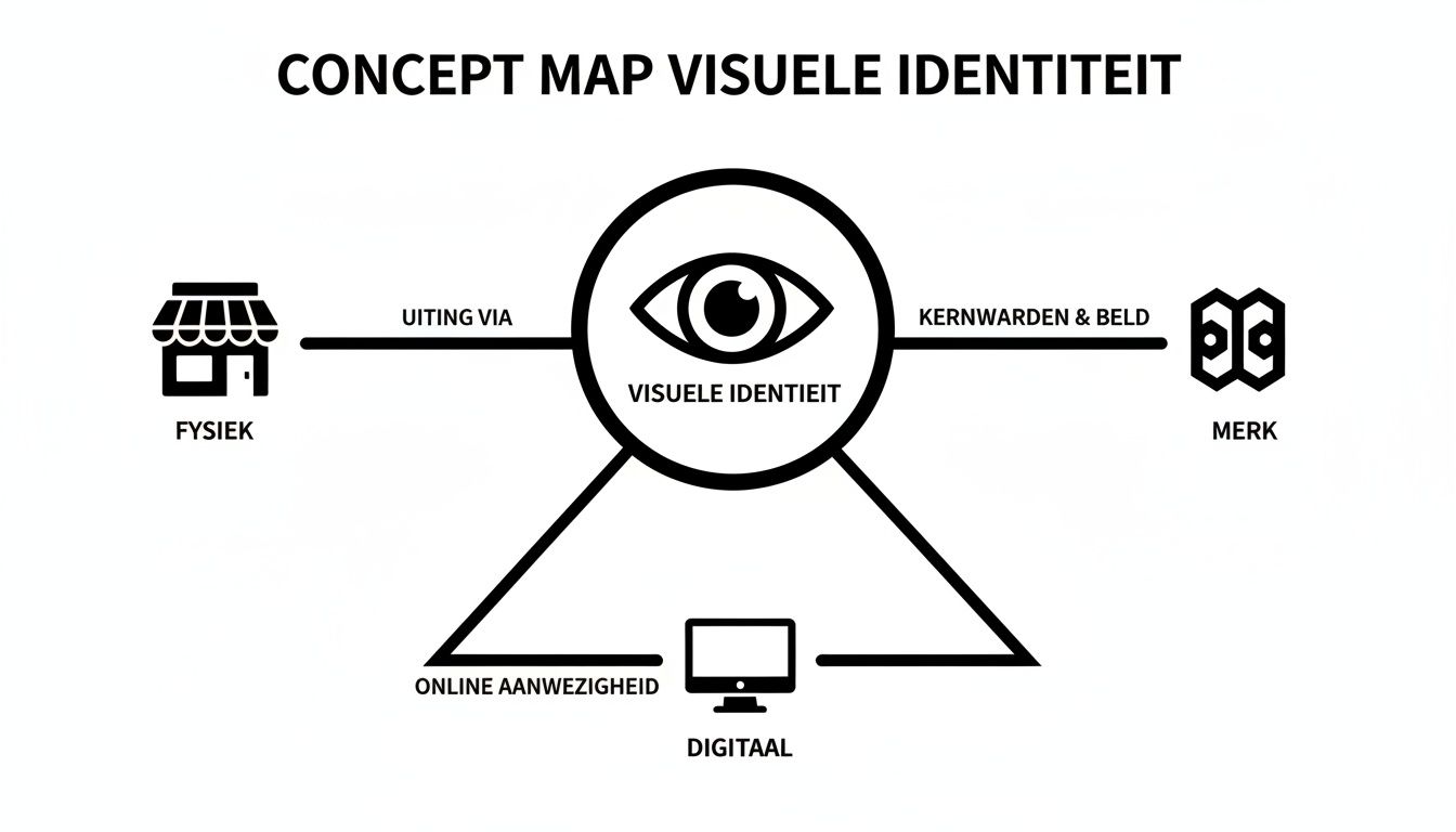 Conceptkaart over visuele identiteit, verbindt fysieke winkel, online aanwezigheid, digitaal en merk met kernwaarden.