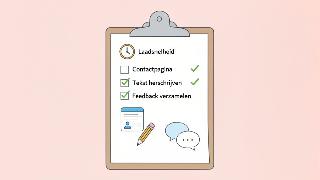 Een klembord met een checklist voor website-optimalisatie, inclusief laadsnelheid, contactpagina, tekst herschrijven en feedback verzamelen.