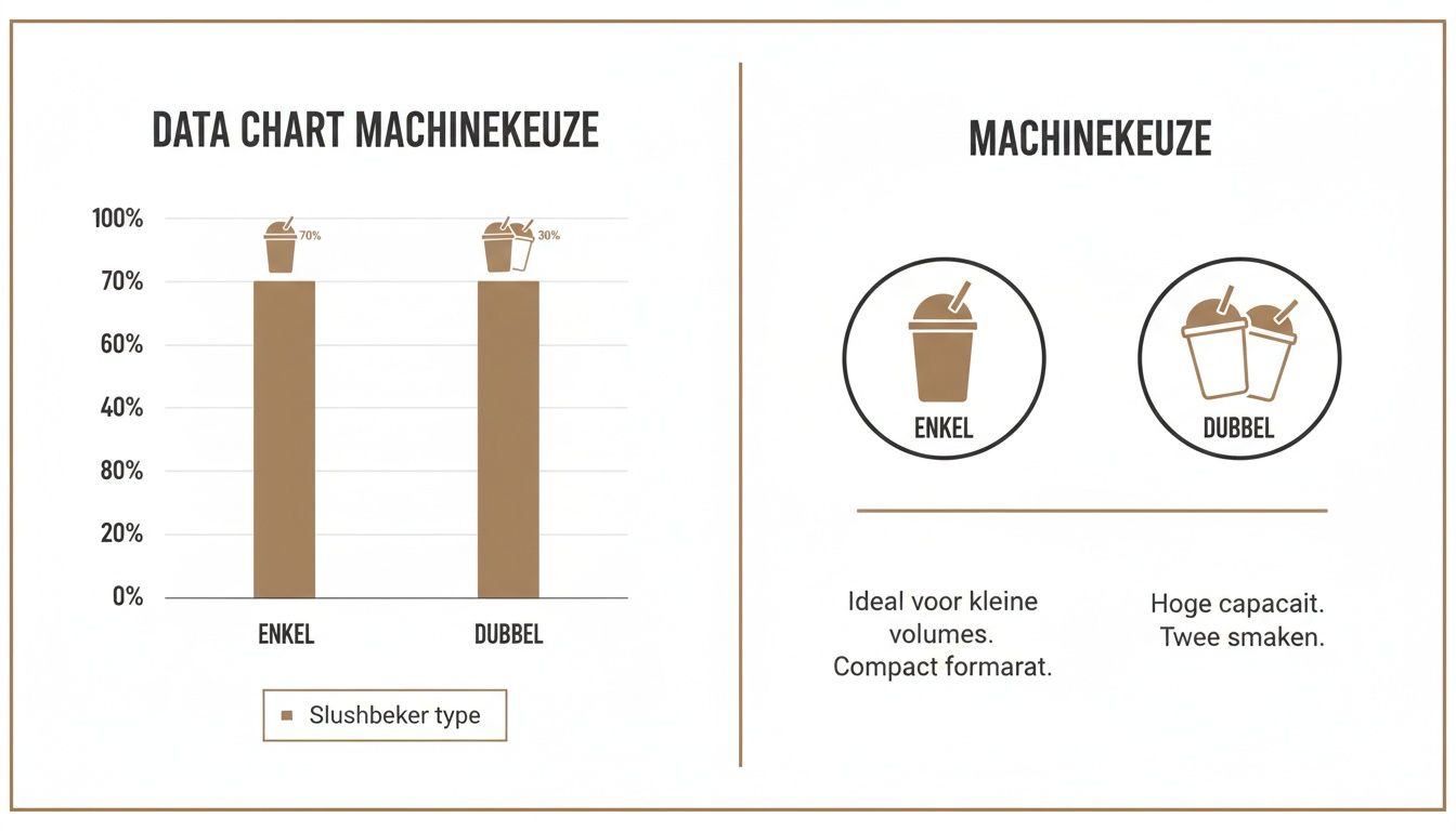 Infographic over machinekeuze voor slush puppy, met een datagrafiek die enkel en dubbel vergelijkt en uitleg over hun capaciteiten.