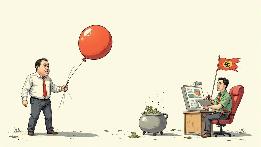 Ondernemer kijkt gefrustreerd naar een laptop met dalende grafieken