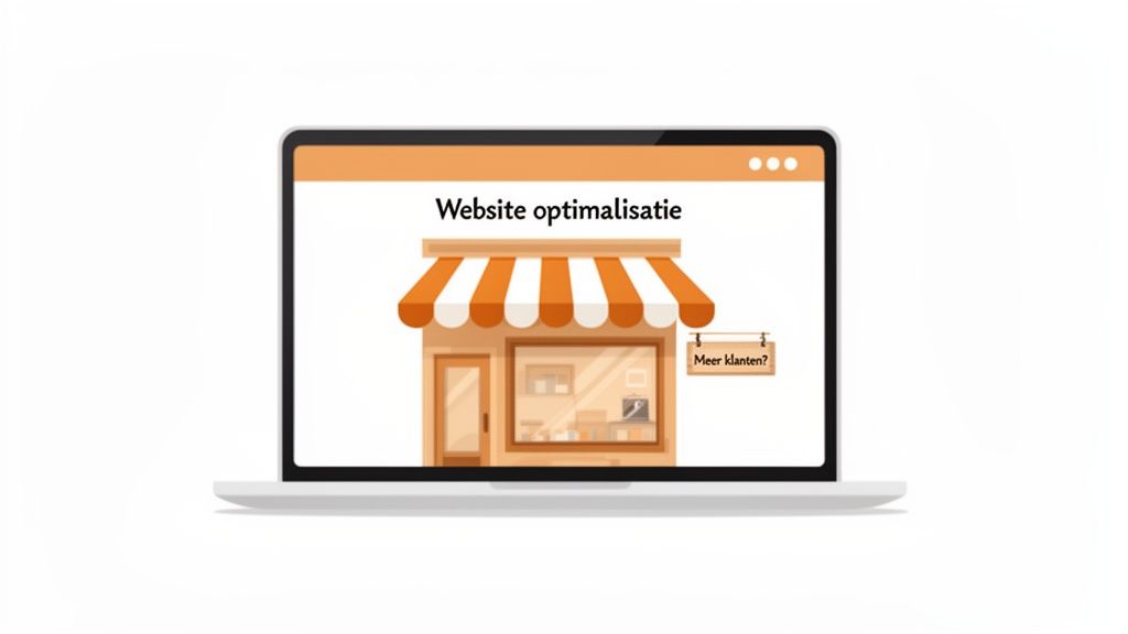 Laptop met een website die een winkel toont. Tekst: 'Website optimalisatie' en 'Meer klanten?'.
