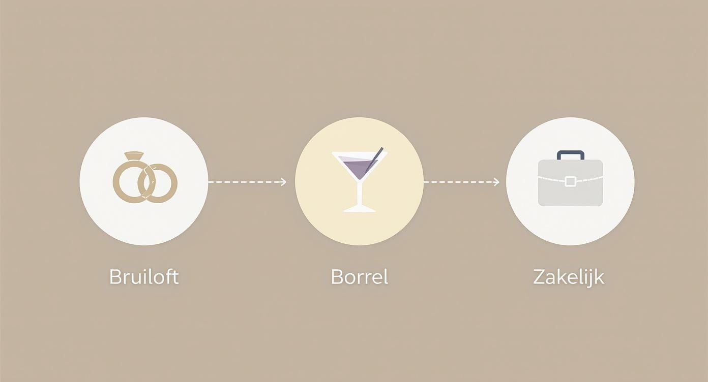 Een infographic met een stroom van bruiloft (ringen), via borrel (cocktail) naar zakelijk (aktetas), elk met tekstlabel.