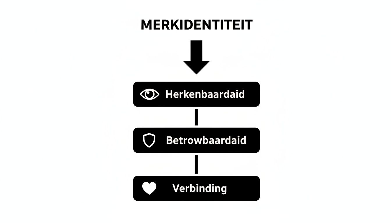 Diagram over merkidentiteit, beginnend met herkenbaarheid (oog), dan betrouwbaarheid (schild), eindigend met verbinding (hart).