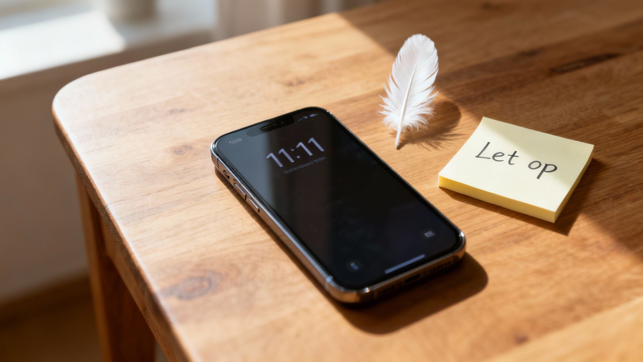 Een smartphone met 11:11 op het scherm, een veer en een notitieblokje 'Let op' op een houten tafel.