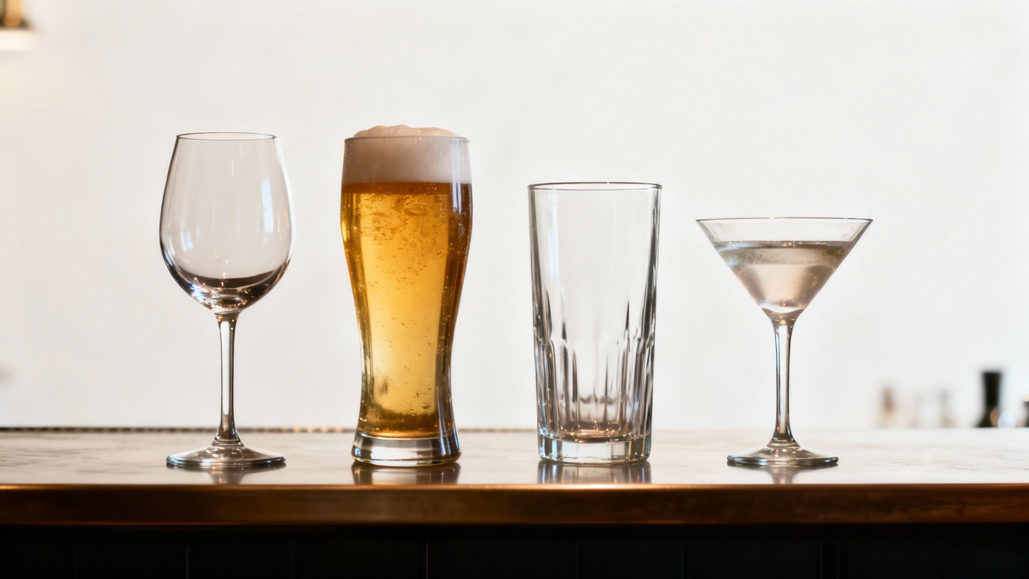 Een selectie van diverse schone glazen, klaar voor gebruik op een evenement.