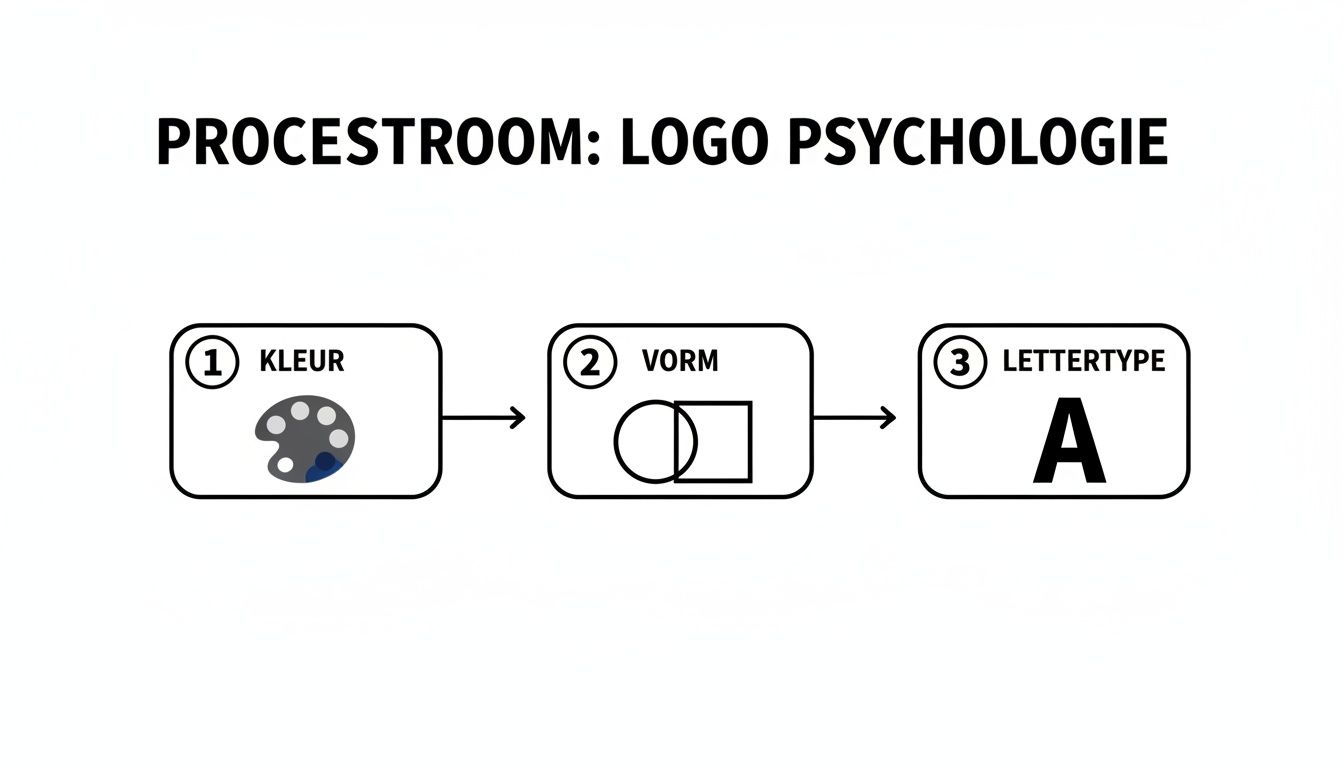 Een stroomschema van logo psychologie, met stappen voor kleur, vorm en lettertype in het ontwerpproces.