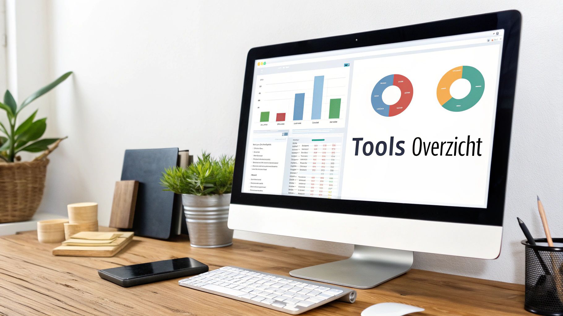 Een afbeelding van verschillende digitale tools op een scherm, wat de selectie van analyse-software symboliseert.