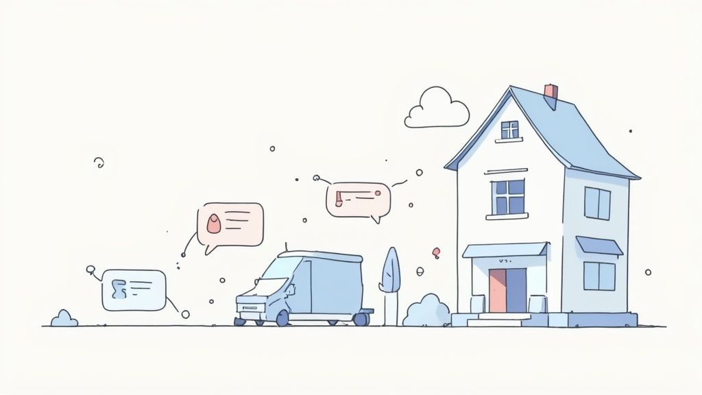 Illustratie van een huis met een bezorgbusje, omringd door chatbubbels en iconen die communicatie en service symboliseren.