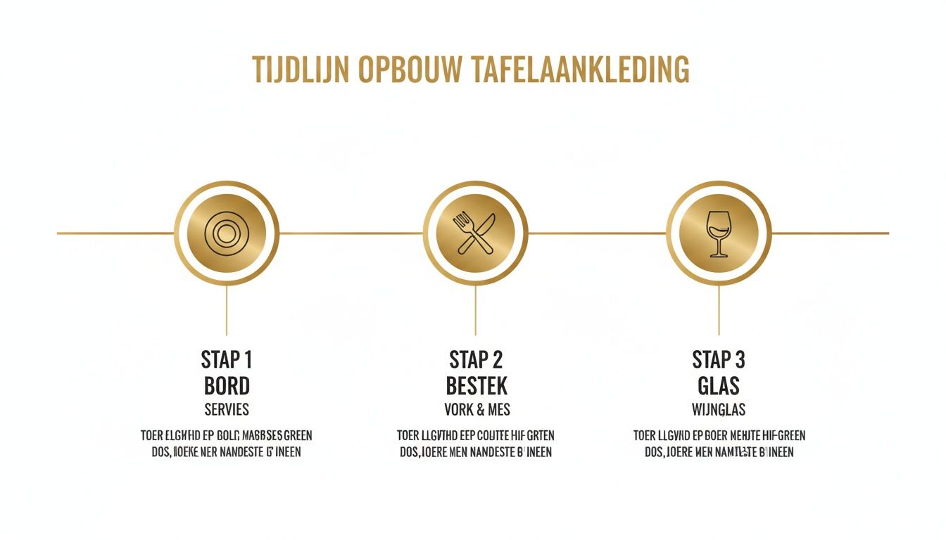 Tijdlijn met drie stappen voor tafelaankleding: borden, bestek en wijnglazen plaatsen.