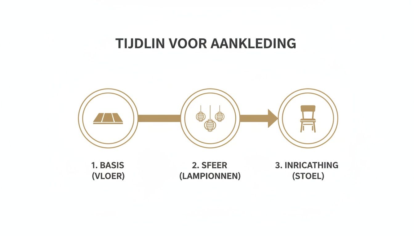Visualisatie van de stappen voor het aankleden van een ruimte: eerst de basis (vloer), dan sfeer (lampionnen), en ten slotte de inrichting (stoel).
