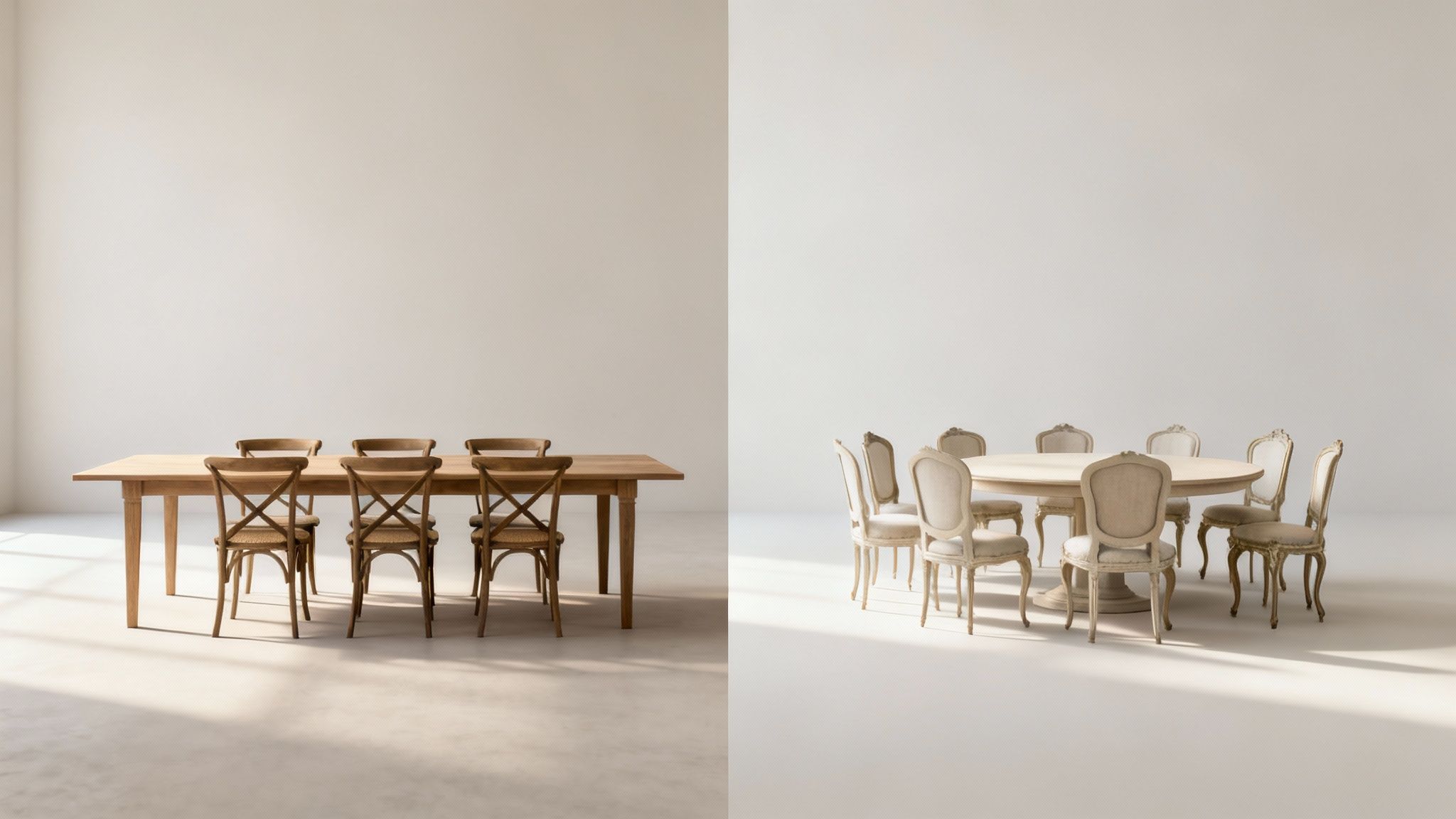 Twee eetkameropstellingen in minimalistische kamers, één met een houten tafel en één met een ronde witte tafel.