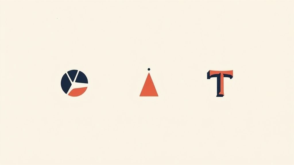 Drie diverse grafische elementen: een cirkelvormig logo, een oranje driehoek met punt en een gestileerde letter T.