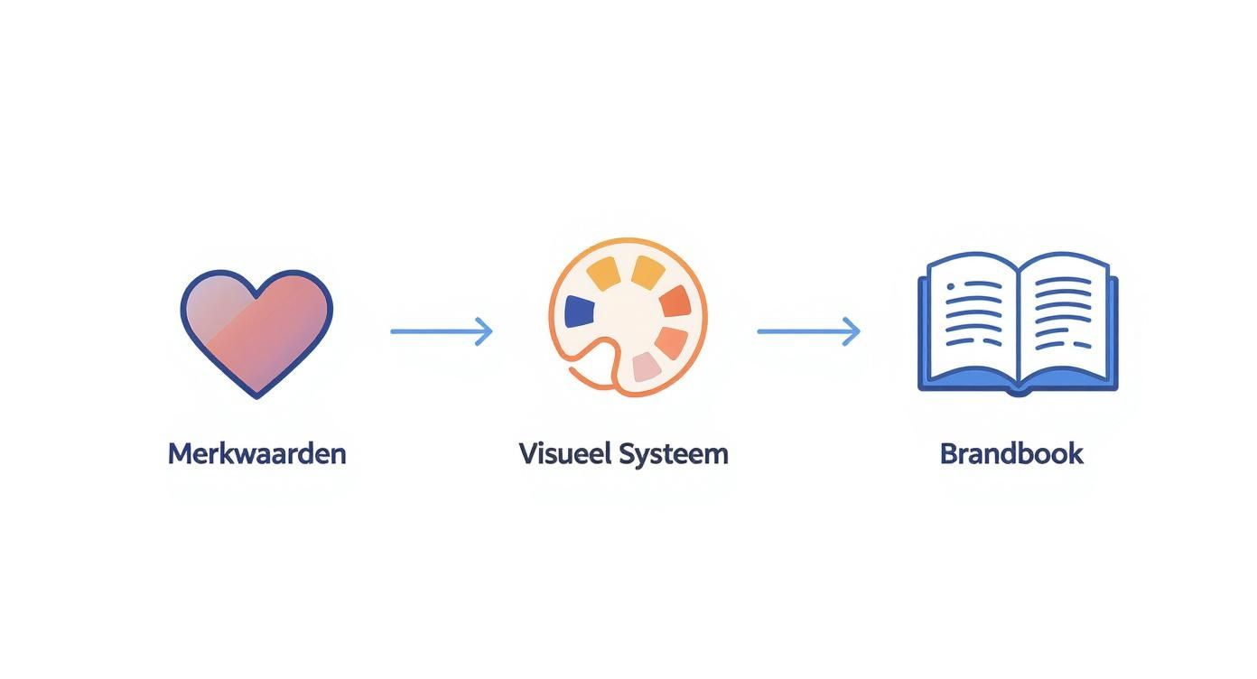 Een illustratie van het rebranding proces: van merkwaarden naar visueel systeem en brandbook.