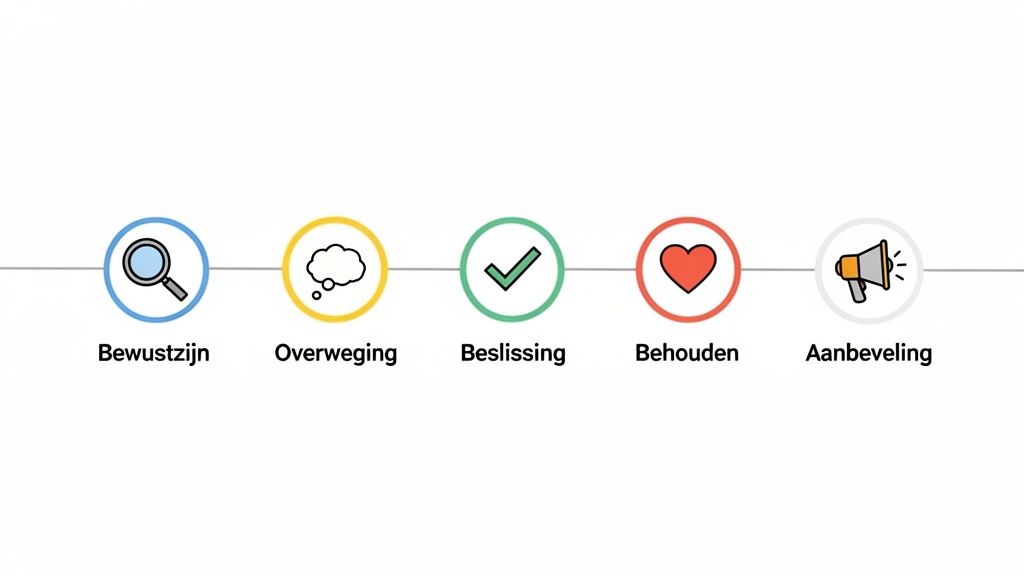 Een illustratie van de klantreis met vijf stappen: bewustzijn, overweging, beslissing, behouden en aanbeveling.