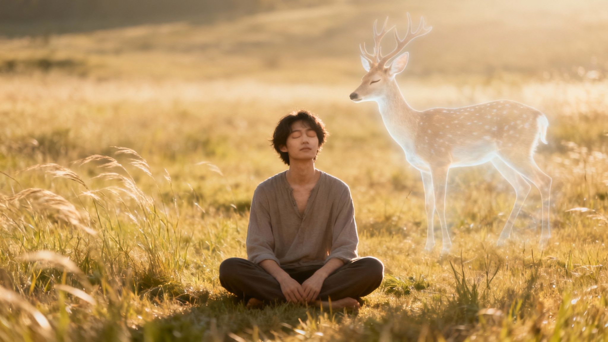 Een vrouw mediteert in een bosrijke omgeving, omringd door natuur en rust.