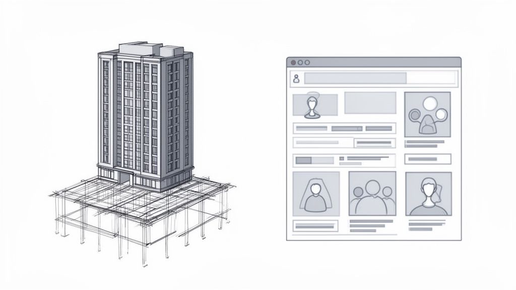 Illustratie van een gebouw met bouwtekening en een digitale mockup van een gebruikersinterface.